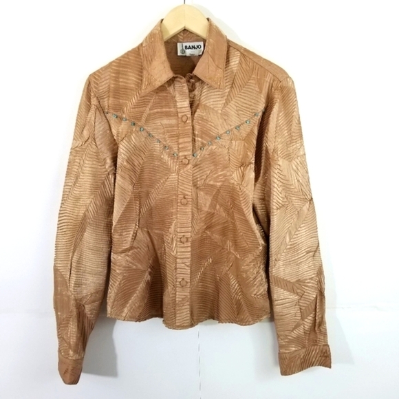Vintage BANJO Women's Western Button-Up Shirt Sz M Tan Textured Coastal Cowgirl - Picture 1 of 8